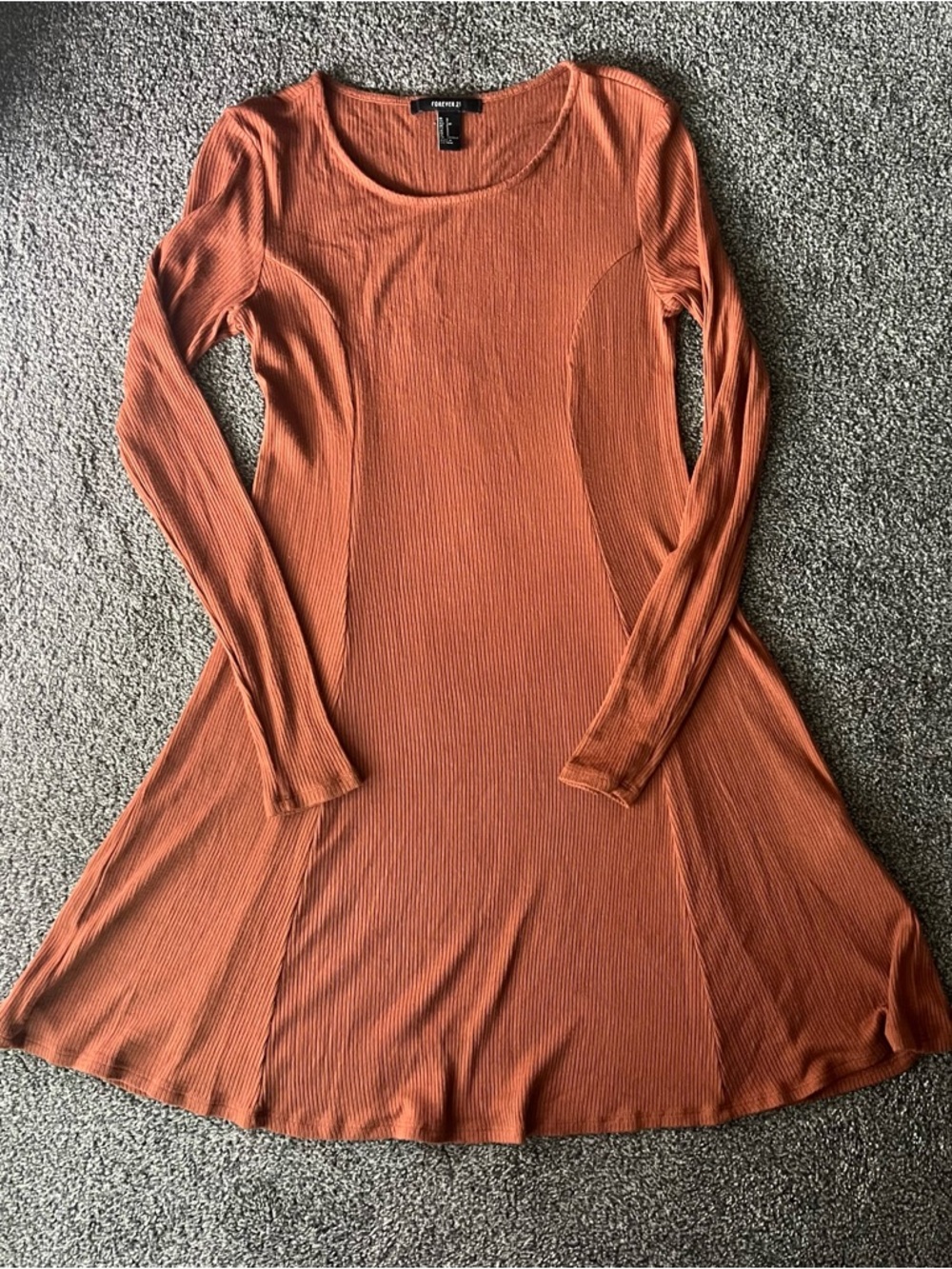 Forever 21 Rust Orange Long-Sleeve Ribbed Fit-and-Flare Dress